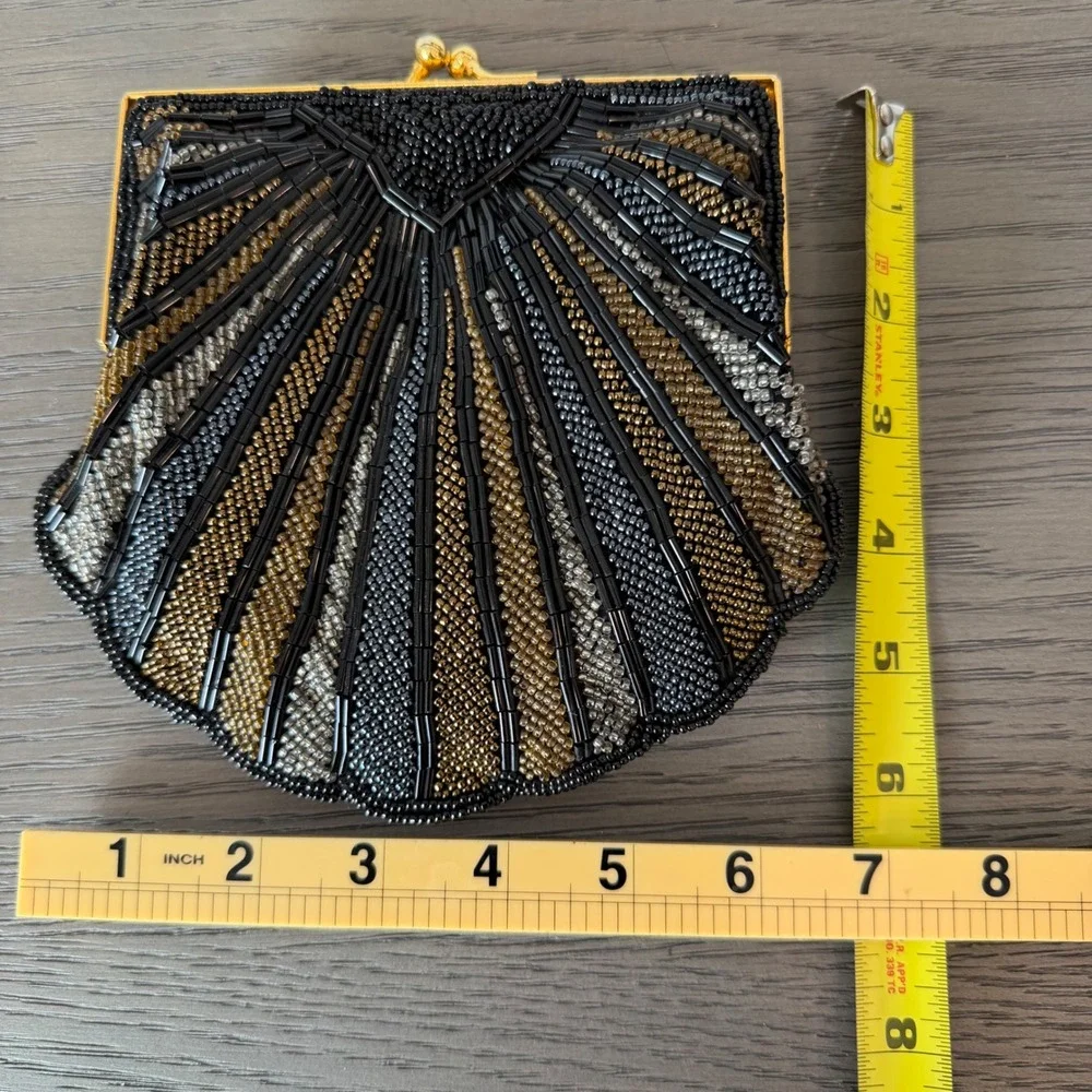 VTG Beaded Shell Clutch Bag Black Gold Silver Art Deco Crossbody‎ 20s 40s Retro
